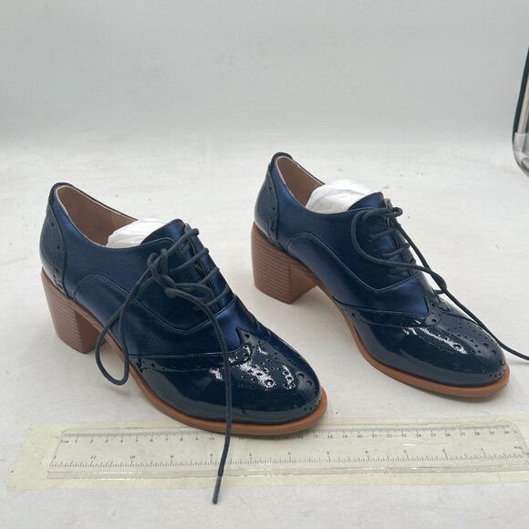 FOWT Midnight Blue Perforated Lace-Up Oxfords Almond Toe Mid Chunky Heel Shoes - Picture 4 of 8